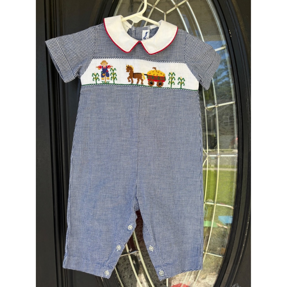 Silly Goose Hand Smocked Farm Scarecrow Houndstooth Romper 12M Navy White